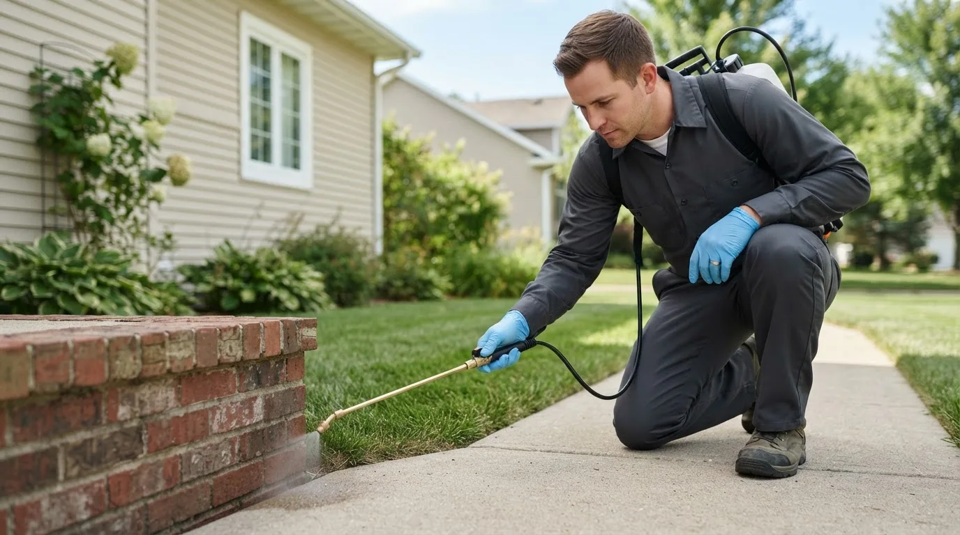 Pest control technician treating a home near Hoyt Lakes, MN